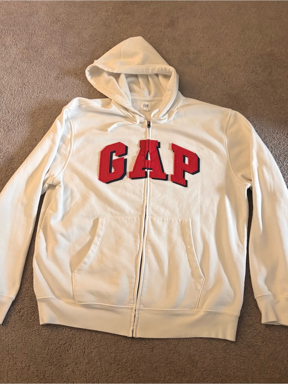 GAP Men’s White Hooded Zip-Up with Red Logo